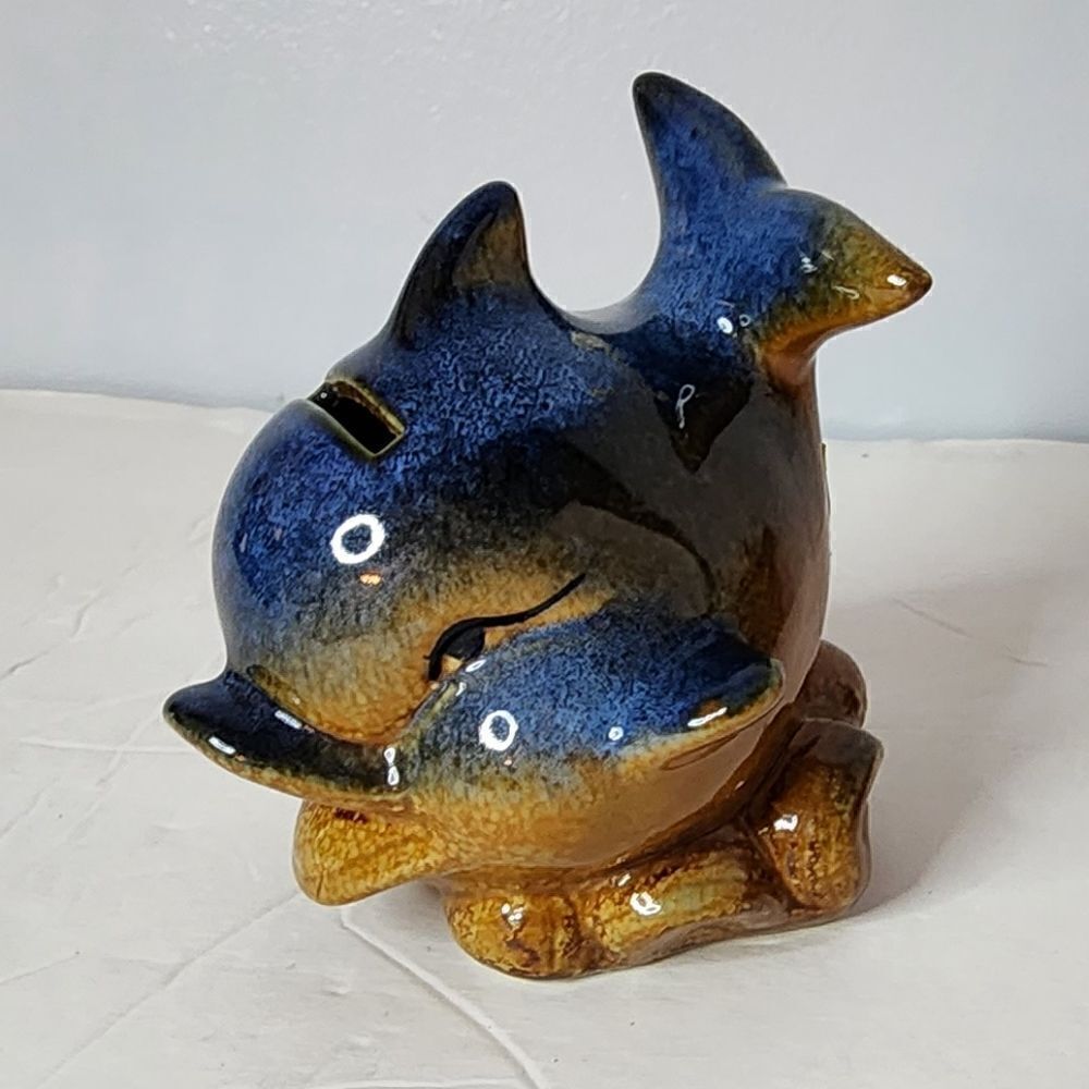 Pottery fish bank with stopper vintage blue brown